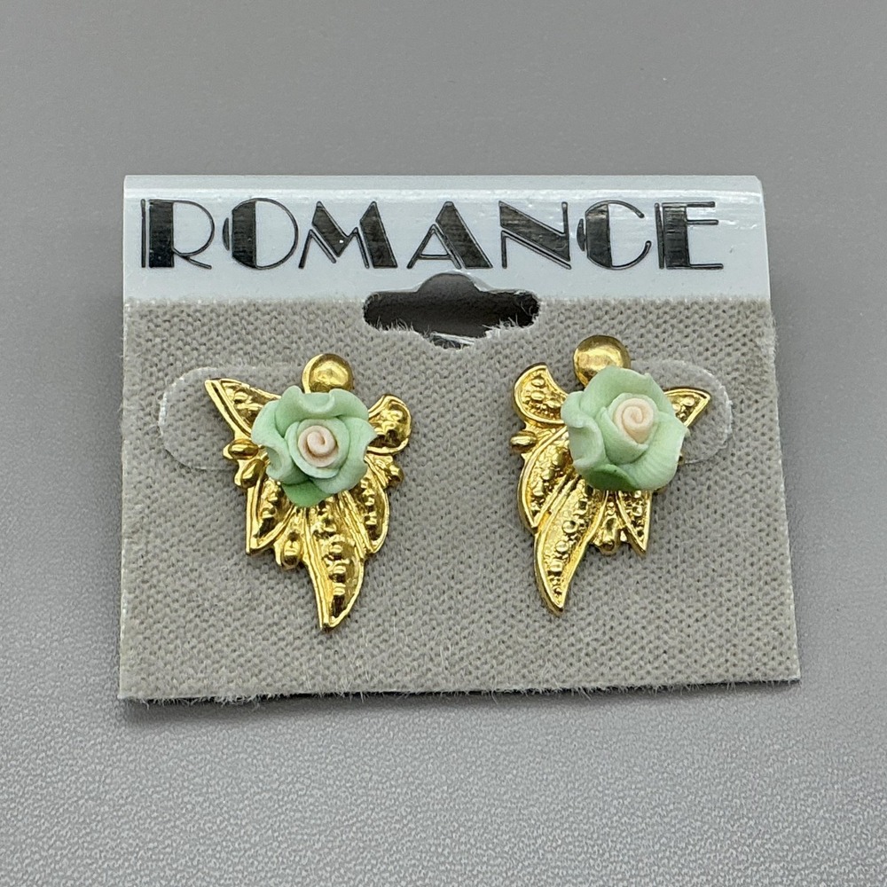 Romance Earrings Gold Tone Green Rose Flower Leaf Stud Womens Jewelry 3/4"